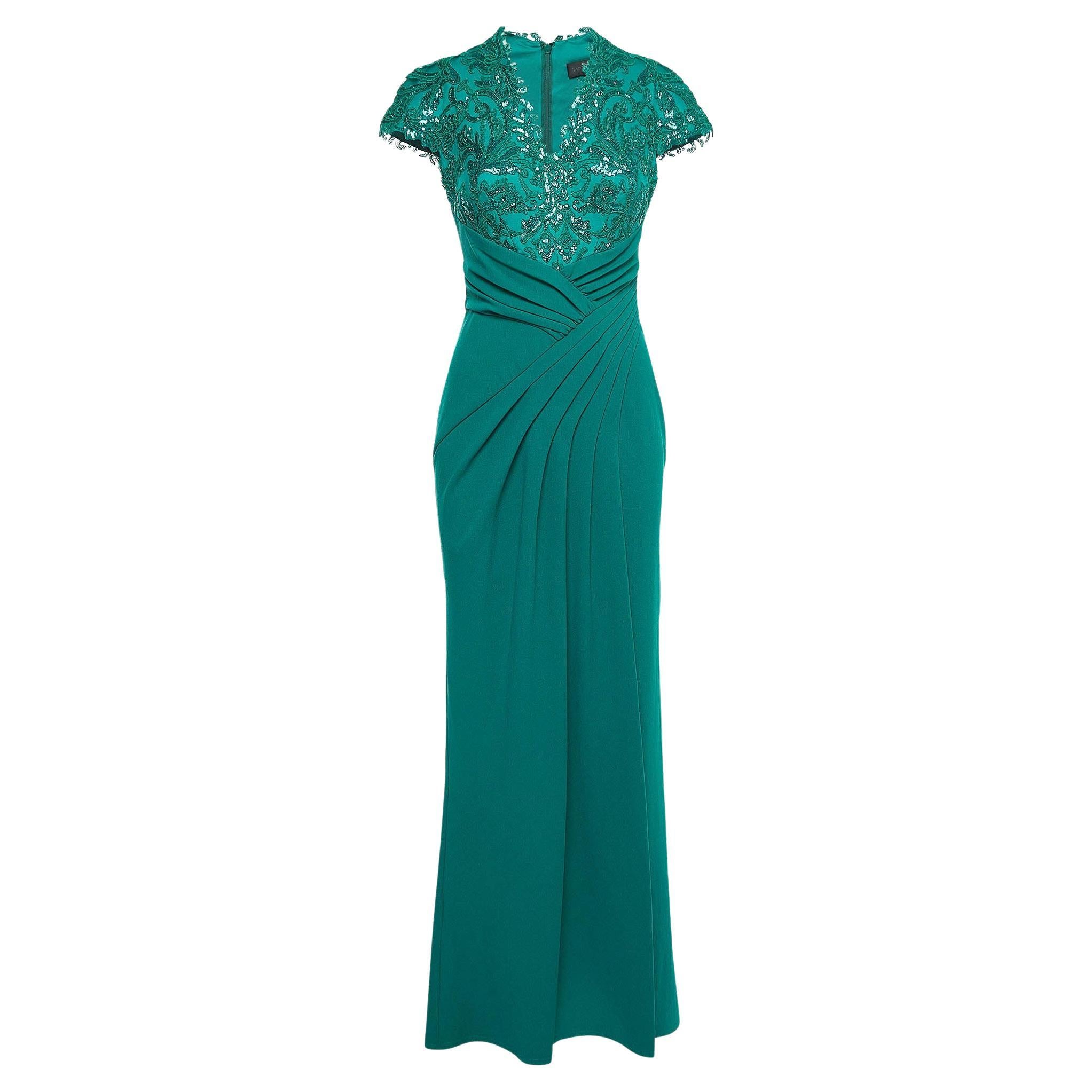 Tadashi Shoji Green Sequin Embellished Draped Crepe Gown S For Sale
