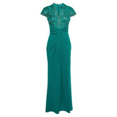 Used Tadashi Shoji Green Sequin Embellished Draped Crepe Gown S