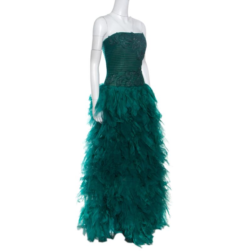 Tadashi Shoji Green Tulle Embroidered Faux Feather Strapless Gown L In New Condition In Dubai, Al Qouz 2