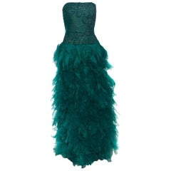 Tadashi Shoji Green Tulle Embroidered Faux Feather Strapless Gown L