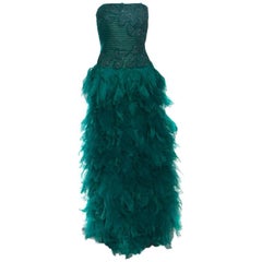 Tadashi Shoji Green Tulle Embroidered Faux Feather Strapless Gown M