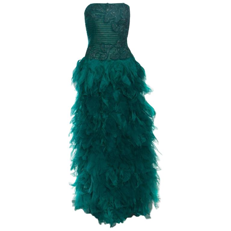 Tadashi Shoji Green Tulle Embroidered Faux Feather Strapless Gown M