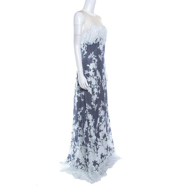 Tadashi Shoji Illusion Neckline Navy and Ivory Myrna Lace Gown M For