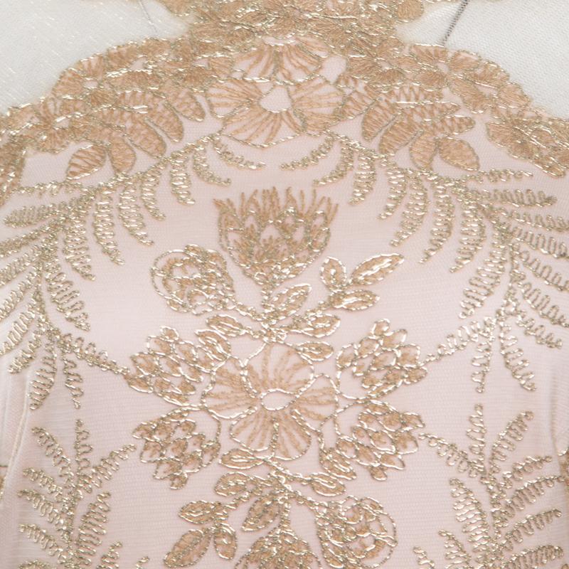 Women's or Men's Tadashi Shoji Light Gold Metallic Cord Embroidered Detail Tulle Evening Gown S