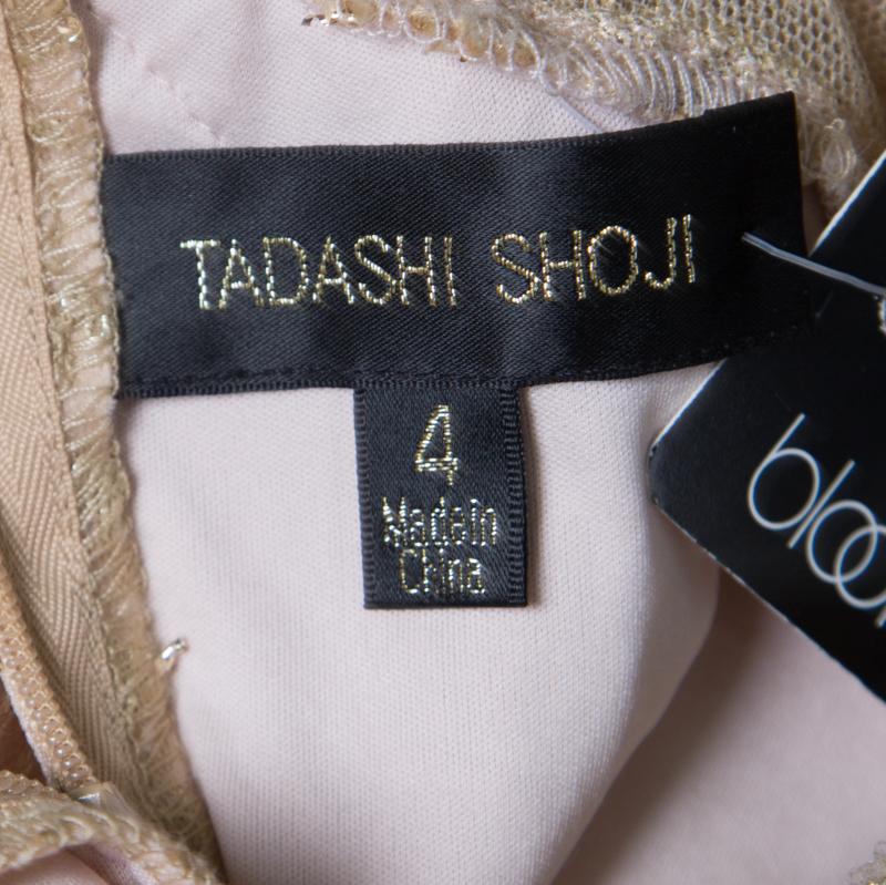 Tadashi Shoji Light Gold Metallic Cord Embroidered Detail Tulle Evening Gown S 1