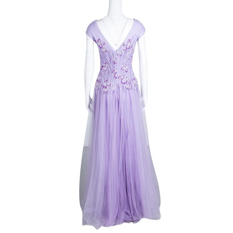Purple Tadashi Shoji Lilac Lace and Tulle Sleeveless Atataka Gown M