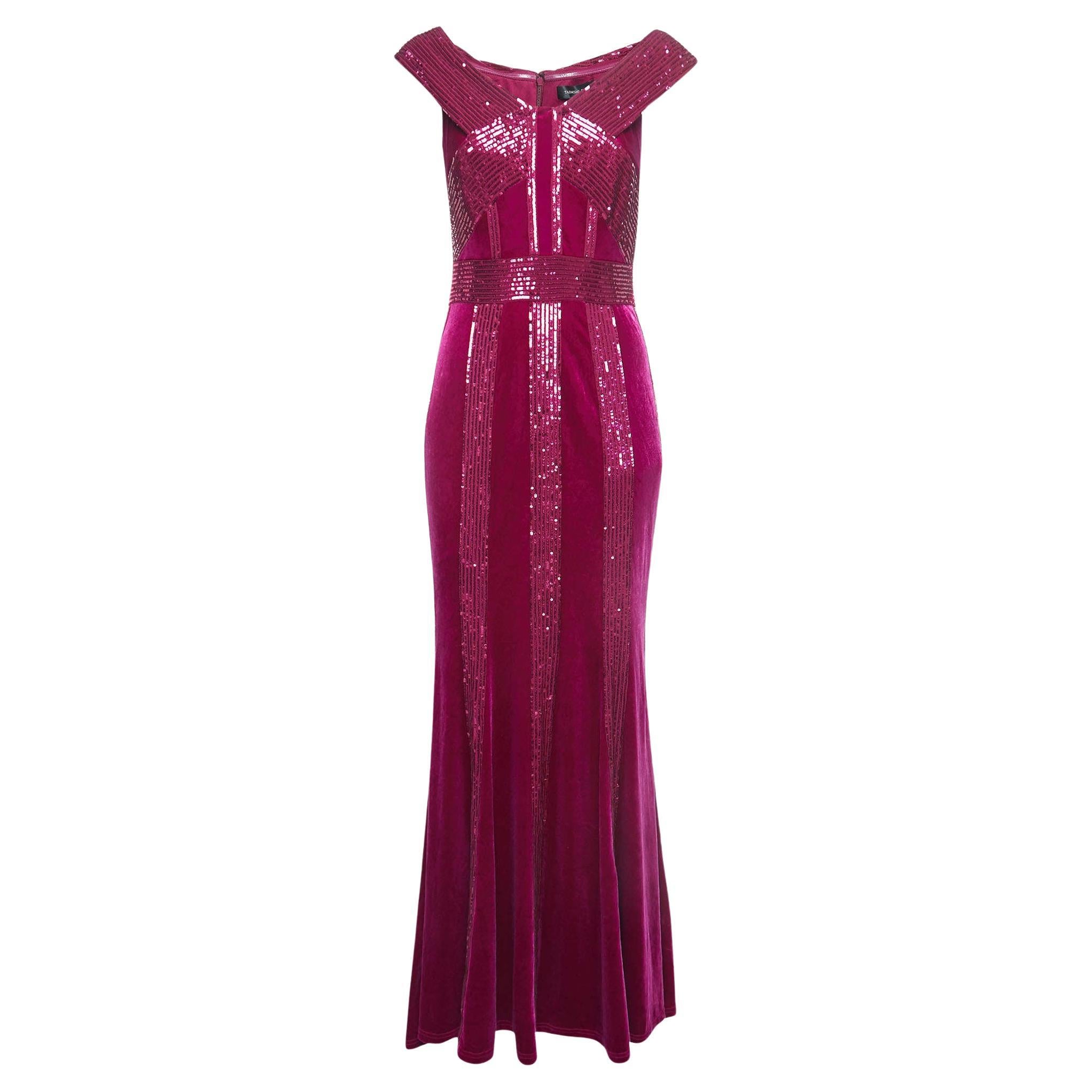 Tadashi Shoji Magenta Pink Velvet and Sequin Rhea Gown S For Sale
