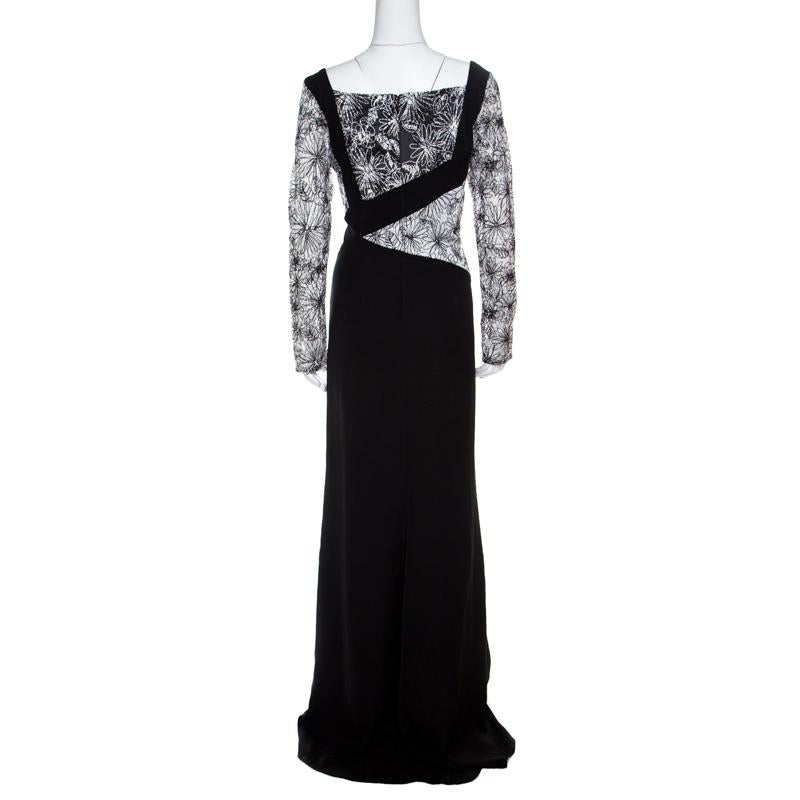 Black Tadashi Shoji Monochrome Floral Embroidered Marissa Gown L