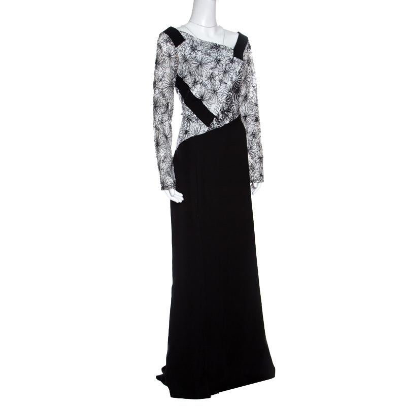 Black Tadashi Shoji Monochrome Floral Embroidered Marissa Gown L