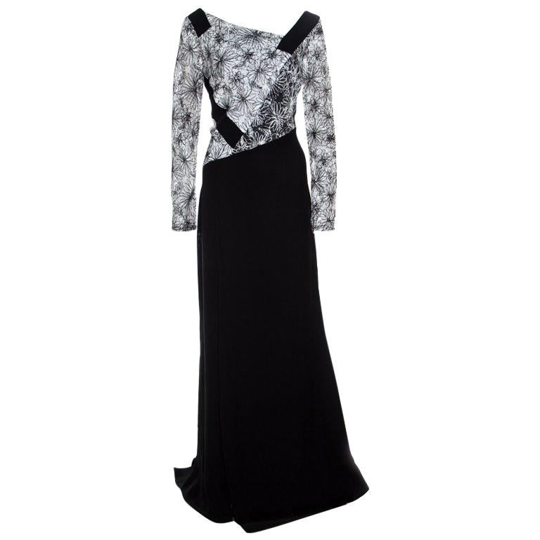 Tadashi Shoji Monochrome Floral Embroidered Marissa Gown L