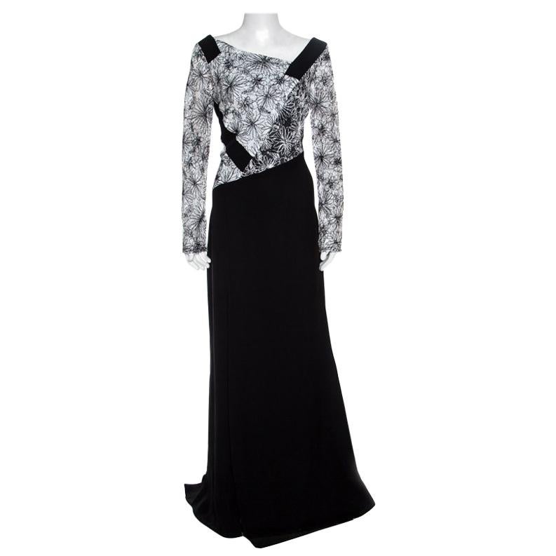 Tadashi Shoji Monochrome Floral Embroidered Marissa Gown L