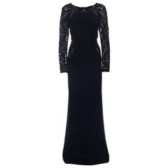 Tadashi Shoji Navy Blue Lace Detail Long Sleeve Kinglet Gown L