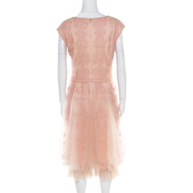 Beige Tadashi Shoji Peach Floral Lace Overlay Sleeveless Layered Tulle Dress M