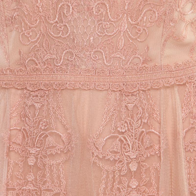 Tadashi Shoji Peach Floral Lace Overlay Sleeveless Layered Tulle Dress M In Good Condition In Dubai, Al Qouz 2