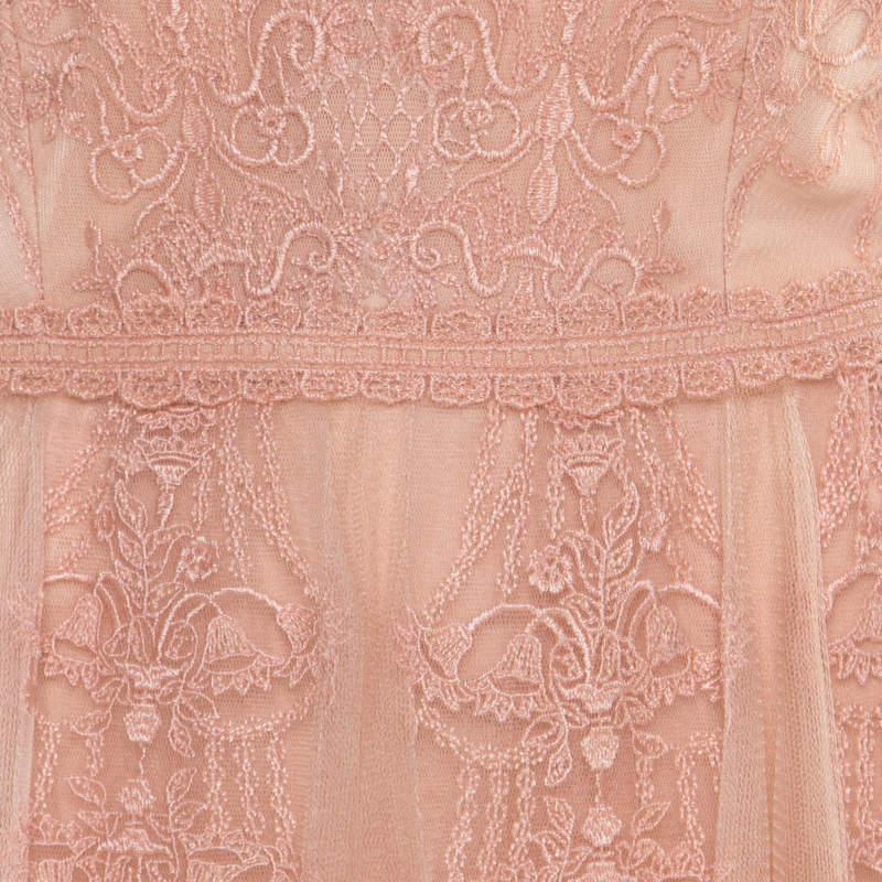 Tadashi Shoji Peach Floral Lace Overlay Sleeveless Layered Tulle Dress M For Sale 1