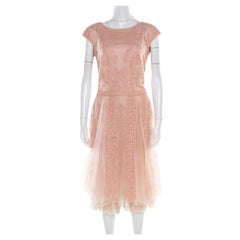 Used Tadashi Shoji Peach Floral Lace Overlay Sleeveless Layered Tulle Dress M