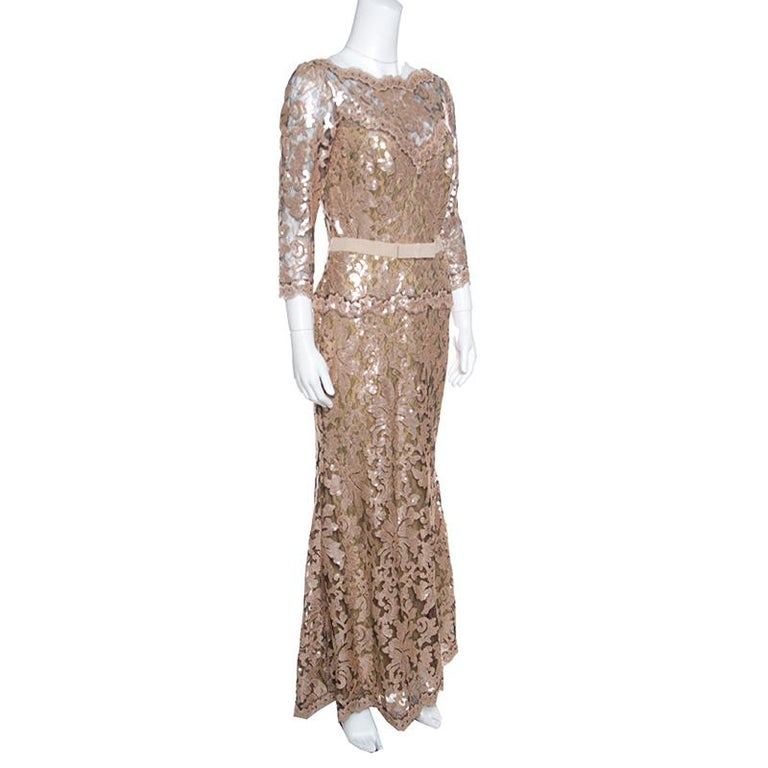 Tadashi Shoji Pink and Black Lace Sequined Long Sleeve Boat Neck Gown S ...