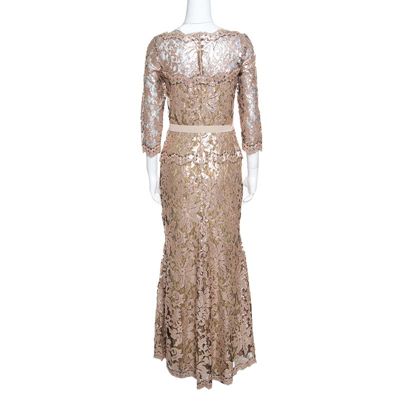 Brown Tadashi Shoji Pink and Black Lace Sequined Long Sleeve Boat Neck Gown S