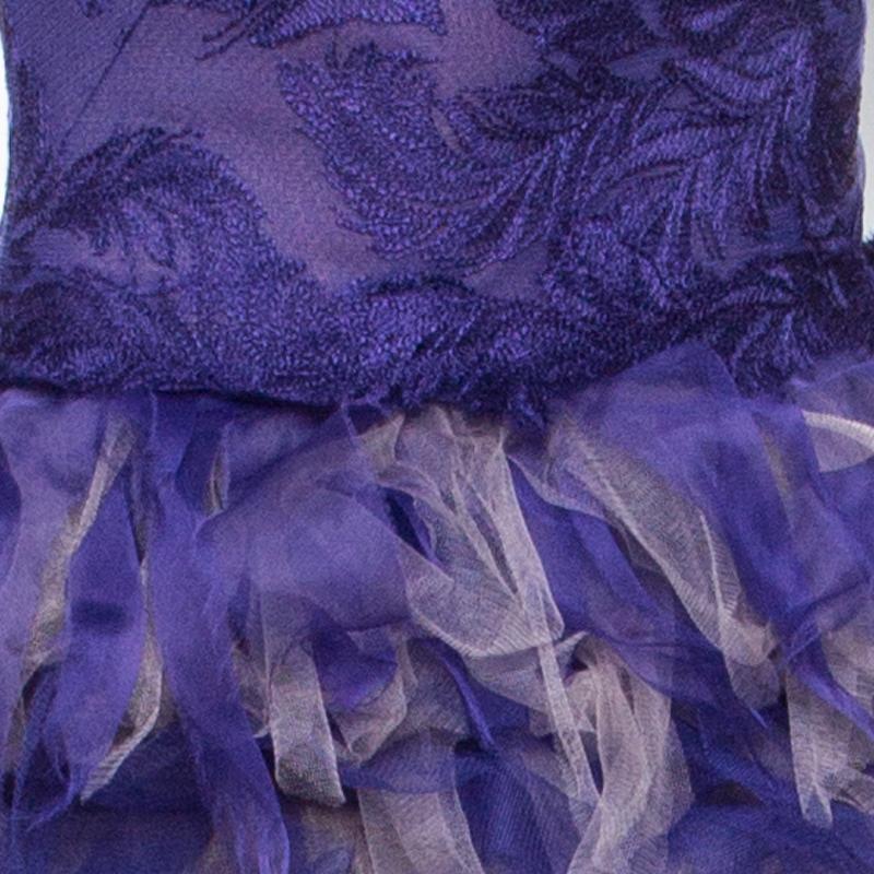 Women's Tadashi Shoji Purple and Begie Tulle Embroidered Faux Feather Strapless Dress L