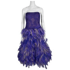 Used Tadashi Shoji Purple and Begie Tulle Embroidered Faux Feather Strapless Dress L