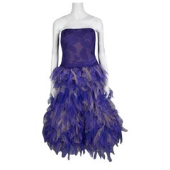 Tadashi Shoji Purple and Begie Tulle Embroidered Faux Feather Strapless Dress L