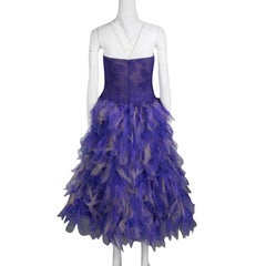 Tadashi Shoji Purple and Begie Tulle Embroidered Faux Feather Strapless Dress M