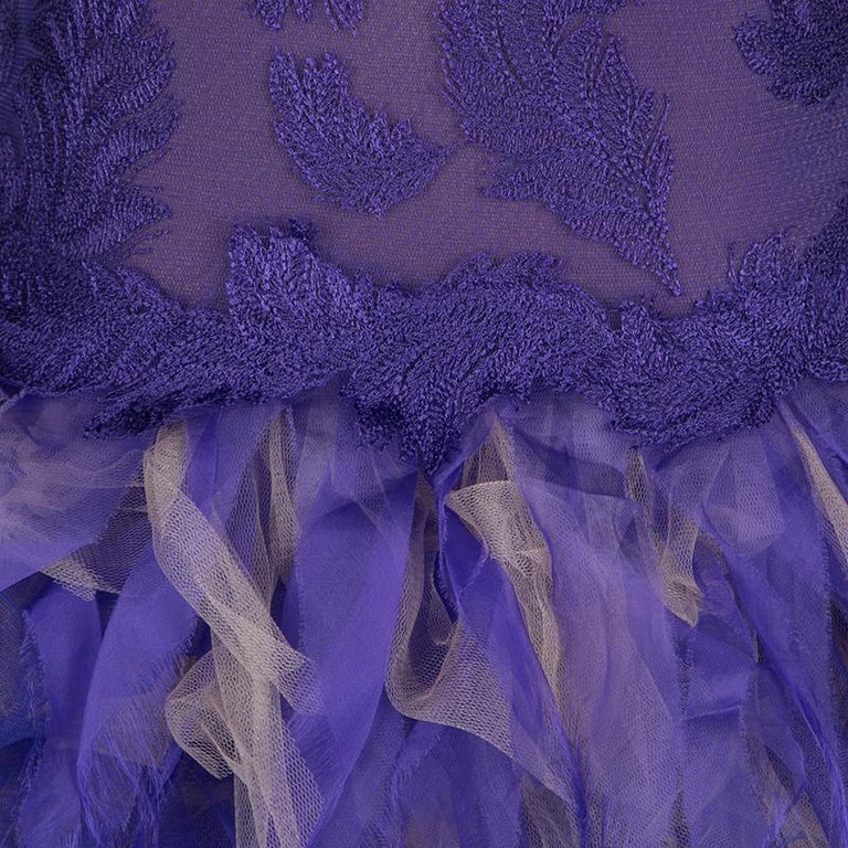 Tadashi Shoji Purple and Begie Tulle Embroidered Faux Feather Strapless ...