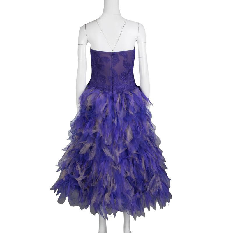 Tadashi Shoji Purple and Begie Tulle Embroidered Faux Feather Strapless Dress S In New Condition In Dubai, Al Qouz 2