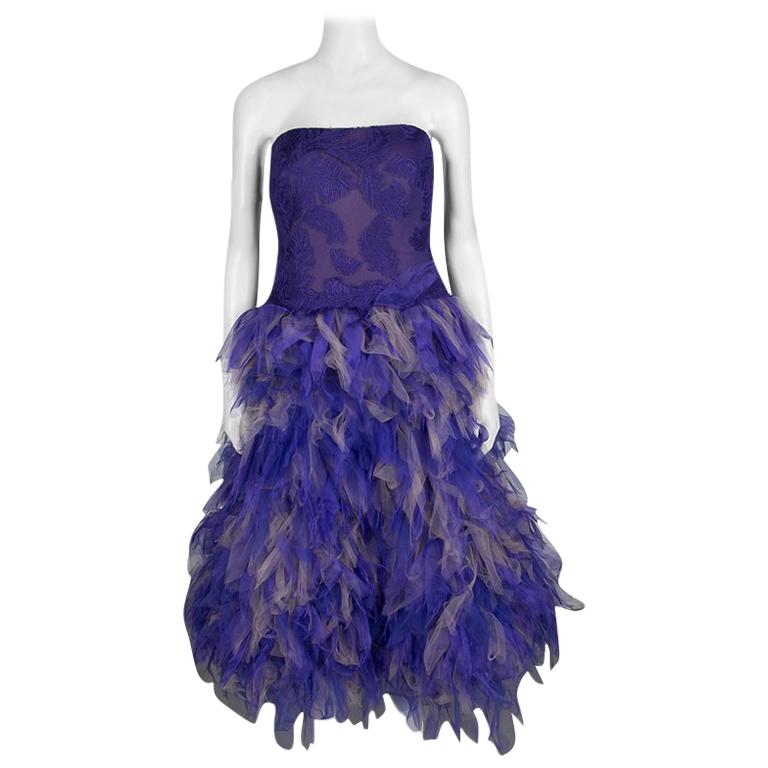 Tadashi Shoji Purple and Begie Tulle Embroidered Faux Feather Strapless Dress S