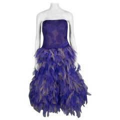 Used Tadashi Shoji Purple and Begie Tulle Embroidered Faux Feather Strapless Dress S