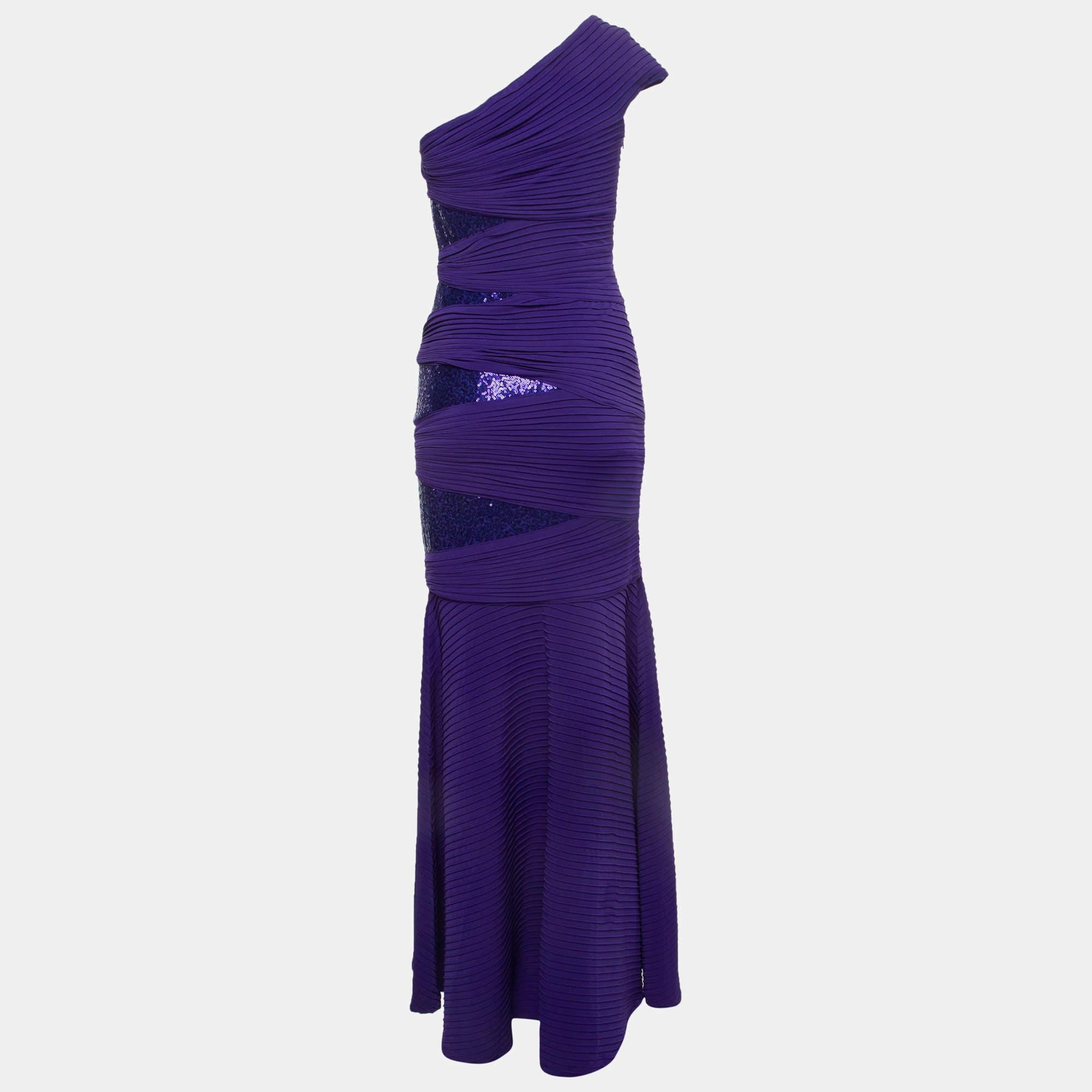 Tadashi Shoji Purple Embellished Knit One Shoulder Gown XS In Excellent Condition In Dubai, Al Qouz 2