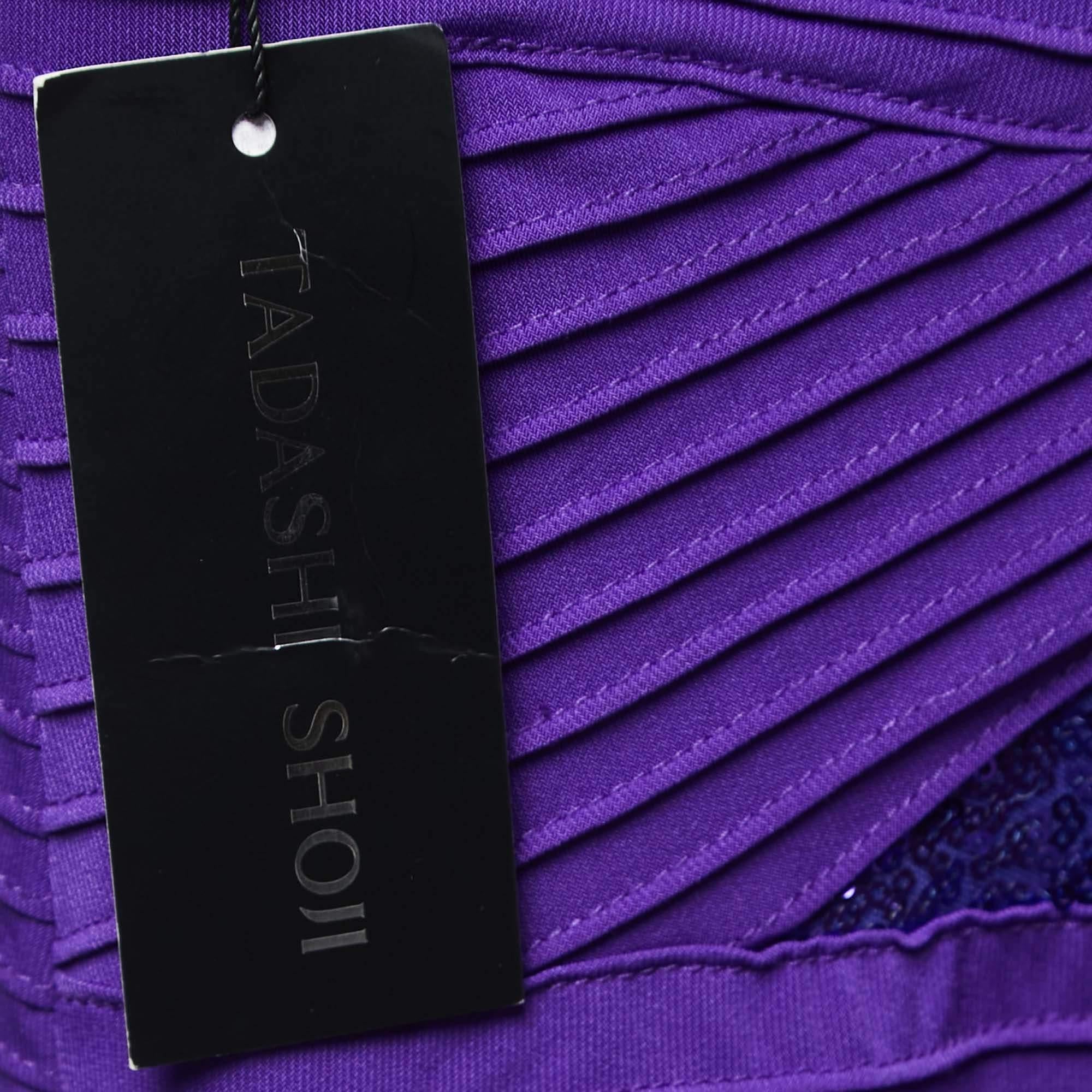 Women's Tadashi Shoji Purple Pin-Tucked Jersey Jovian Strapless Sequins Gown L