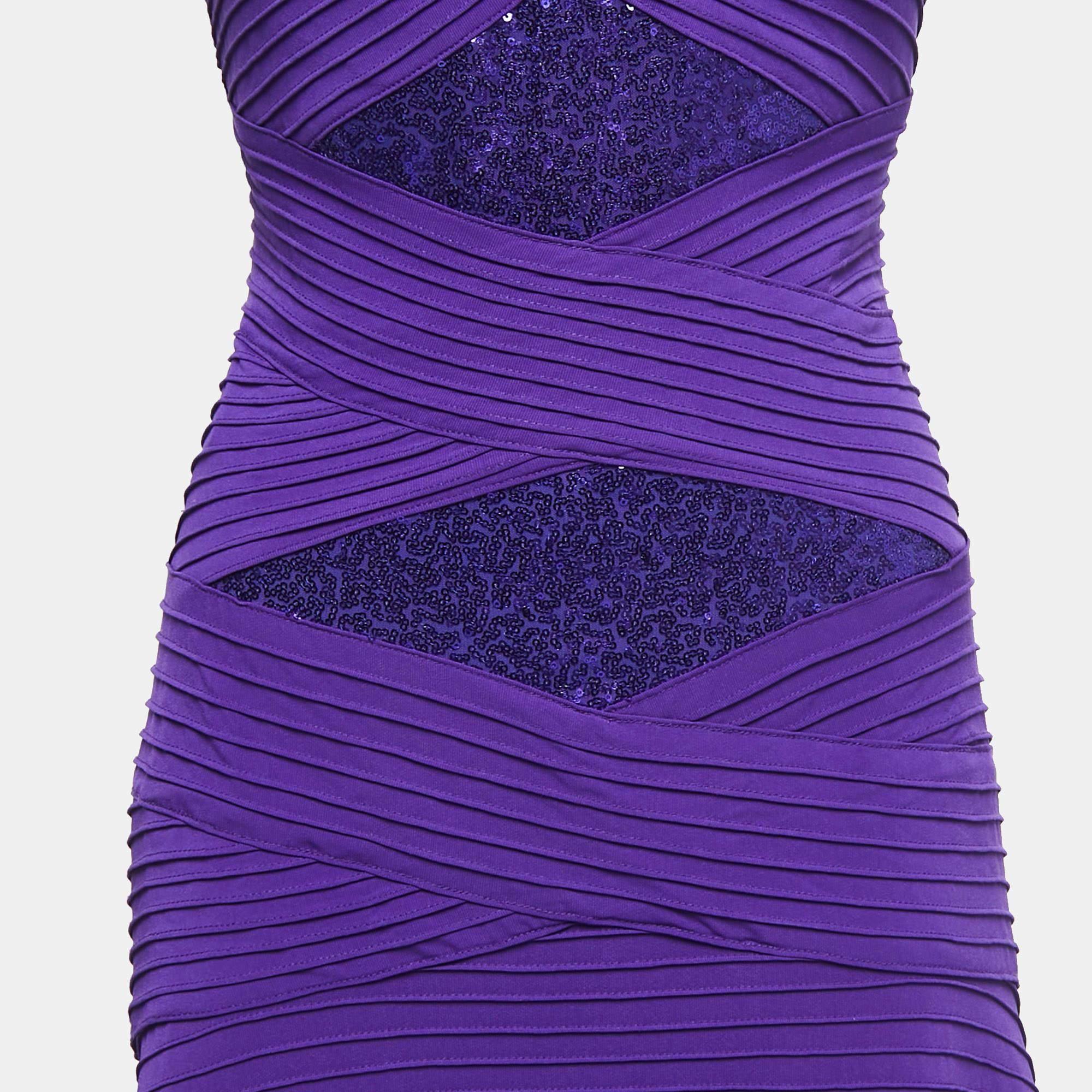 Women's Tadashi Shoji Purple Sequin Embellished Jersey Strapless Gown L For Sale