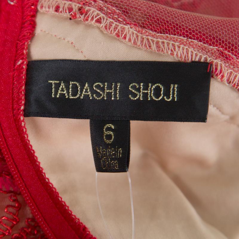 Women's Tadashi Shoji Red Floral Lurex Embroidered Sheer Shoulder Detail Gown M