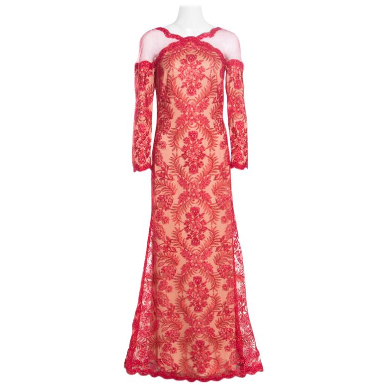 Tadashi Shoji Red Floral Lurex Embroidered Sheer Shoulder Detail Gown M