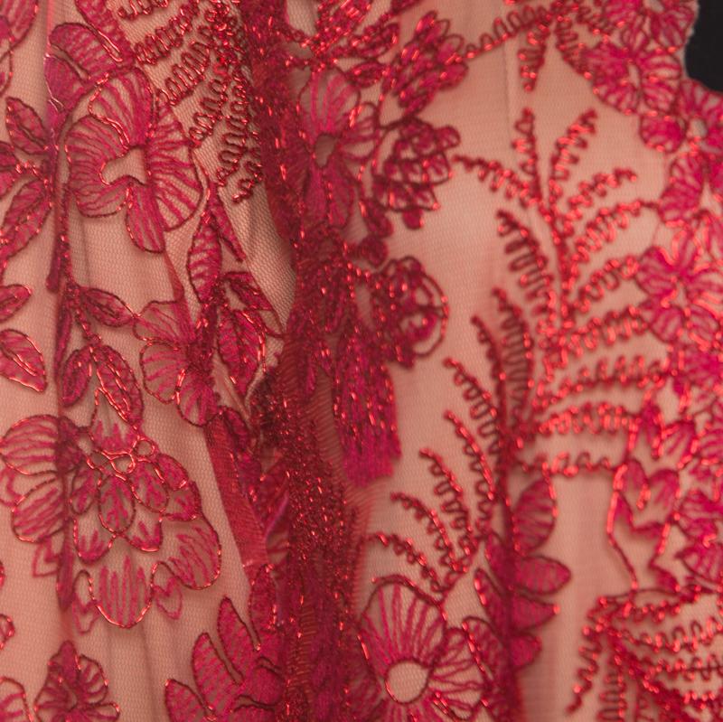Women's Tadashi Shoji Red Metallic Cord Embroidered Detail Tulle Long Coat S/M