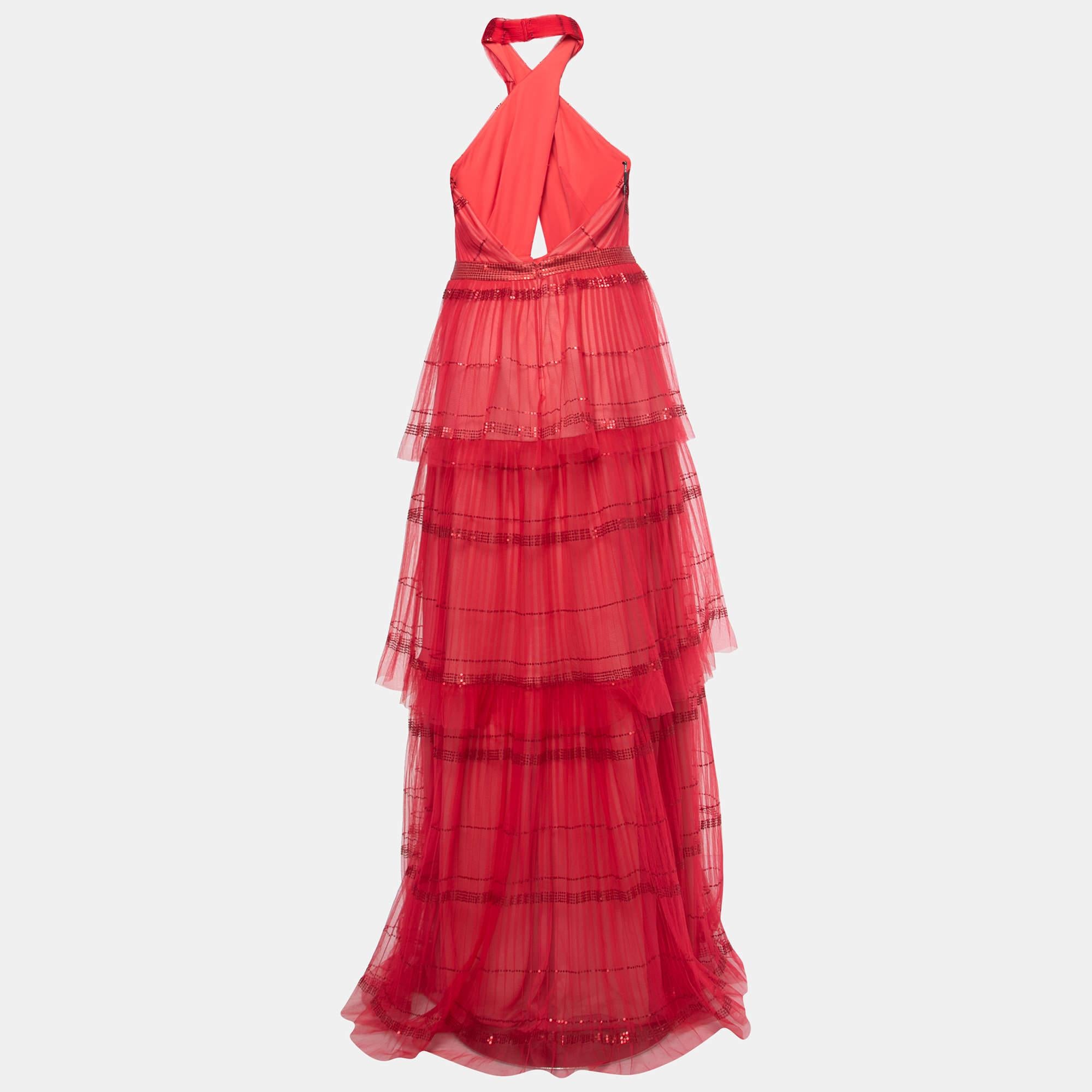 Tadashi Shoji Red Pleated Tulle Halterneck Gown M In New Condition In Dubai, Al Qouz 2