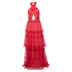 Used Tadashi Shoji Red Pleated Tulle Halterneck Gown M