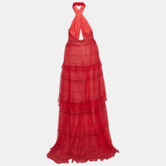 Tadashi Shoji Red Sequin Tulle Halter Neck Pleats Layered Gown M
