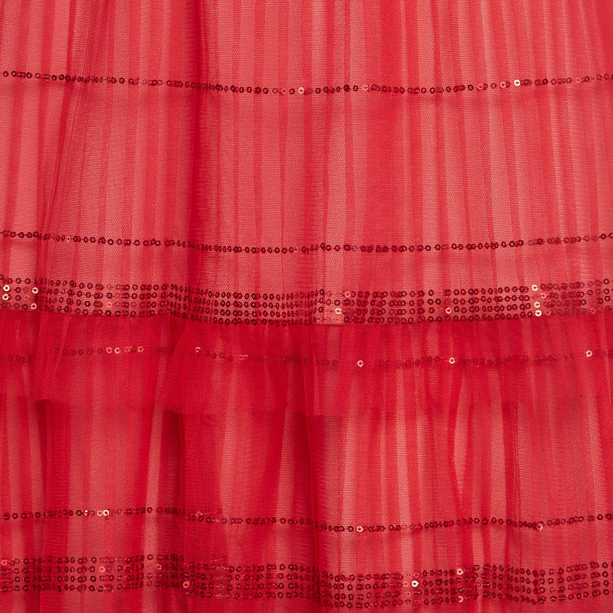 Tadashi Shoji Red Sequin Tulle Halter Neck Tiered Gown M In New Condition For Sale In Dubai, Al Qouz 2
