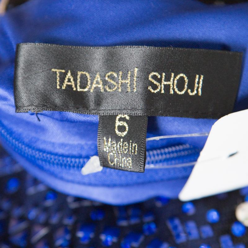 Tadashi Shoji Royal Blue Crepe Embellished Yoke Detail Evening Gown M 2