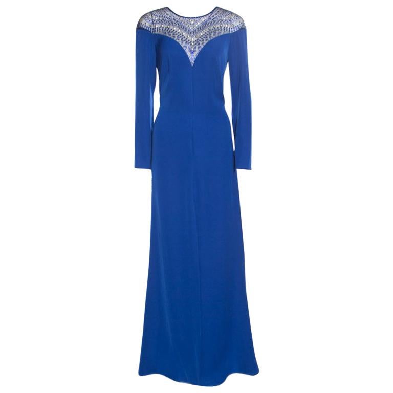 Tadashi Shoji Royal Blue Crepe Embellished Yoke Detail Evening Gown M