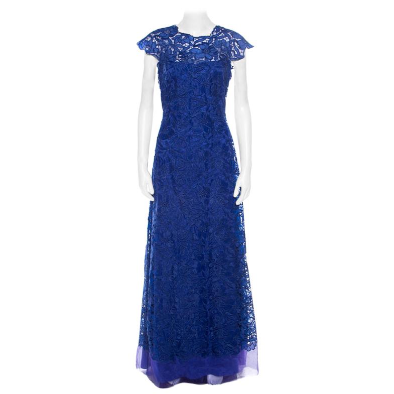 Tadashi Shoji Royal Blue Lace Cap Sleeve Milien Evening Dress M
