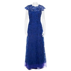 Used Tadashi Shoji Royal Blue Lace Cap Sleeve Milien Evening Dress M