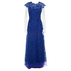 Used Tadashi Shoji Royal Blue Lace Cap Sleeve Milien Evening Gown L