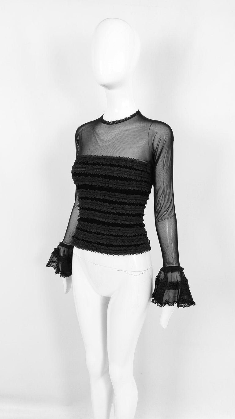 Tadashi Shoji Sexy Vintage Semi Sheer Black Mesh and Velvet Long Ruffle Sleeve Top For Sale at