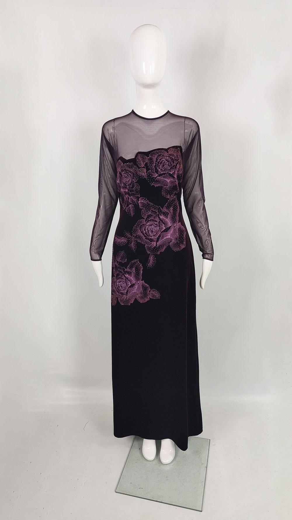 A stunning vintage womens evening dress / gown from the 90s by luxury fashion designer, Tadashi Shoji. In a dark reddish purple / aubergine velvet with incredible bold rose print and glitter details on the front. The front has a deep, asymmetrical