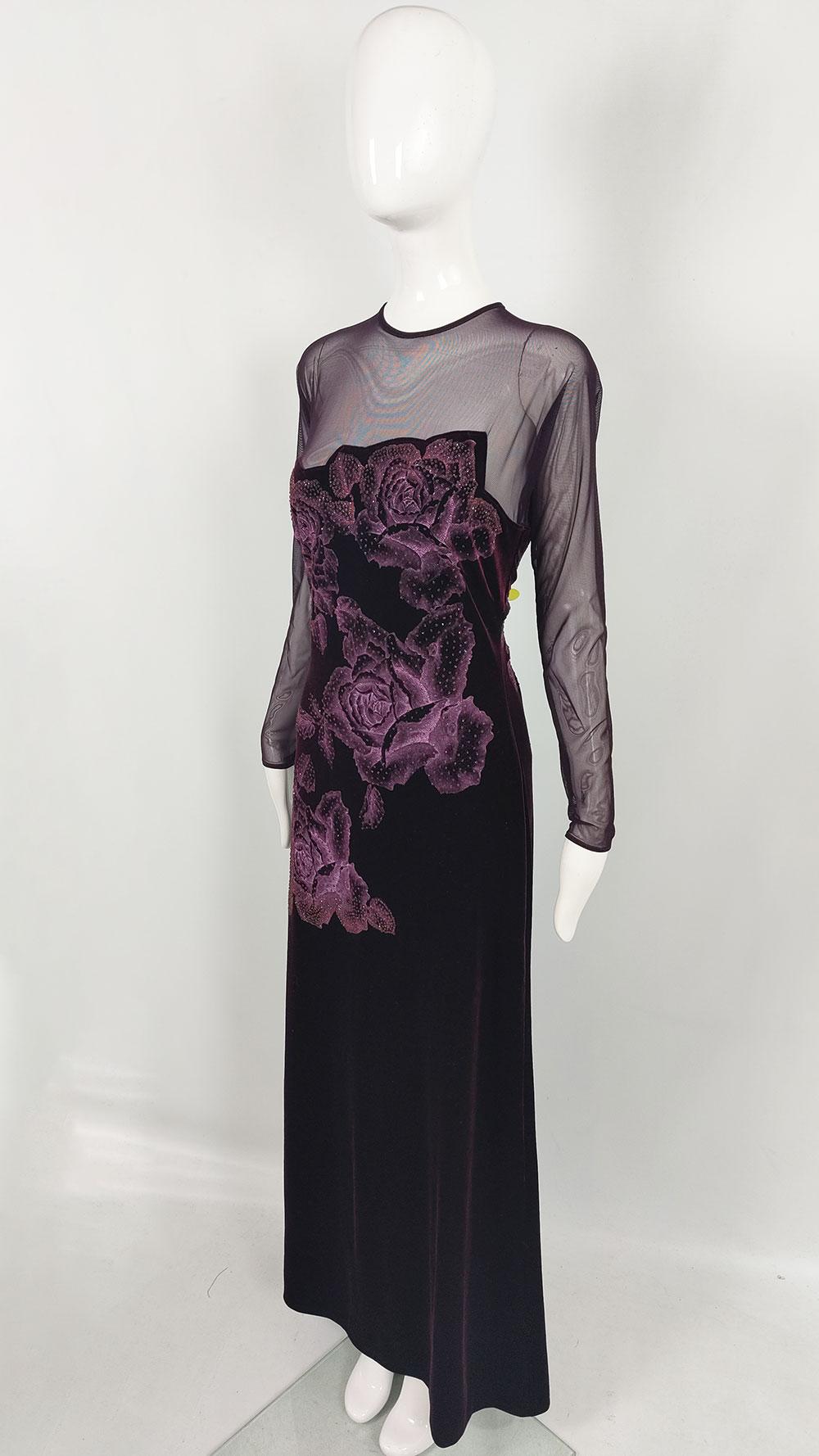 Tadashi Shoji Vintage Aubergine Mesh & Velvet Sexy Sheer Evening Gown Dress In Good Condition For Sale In Doncaster, South Yorkshire