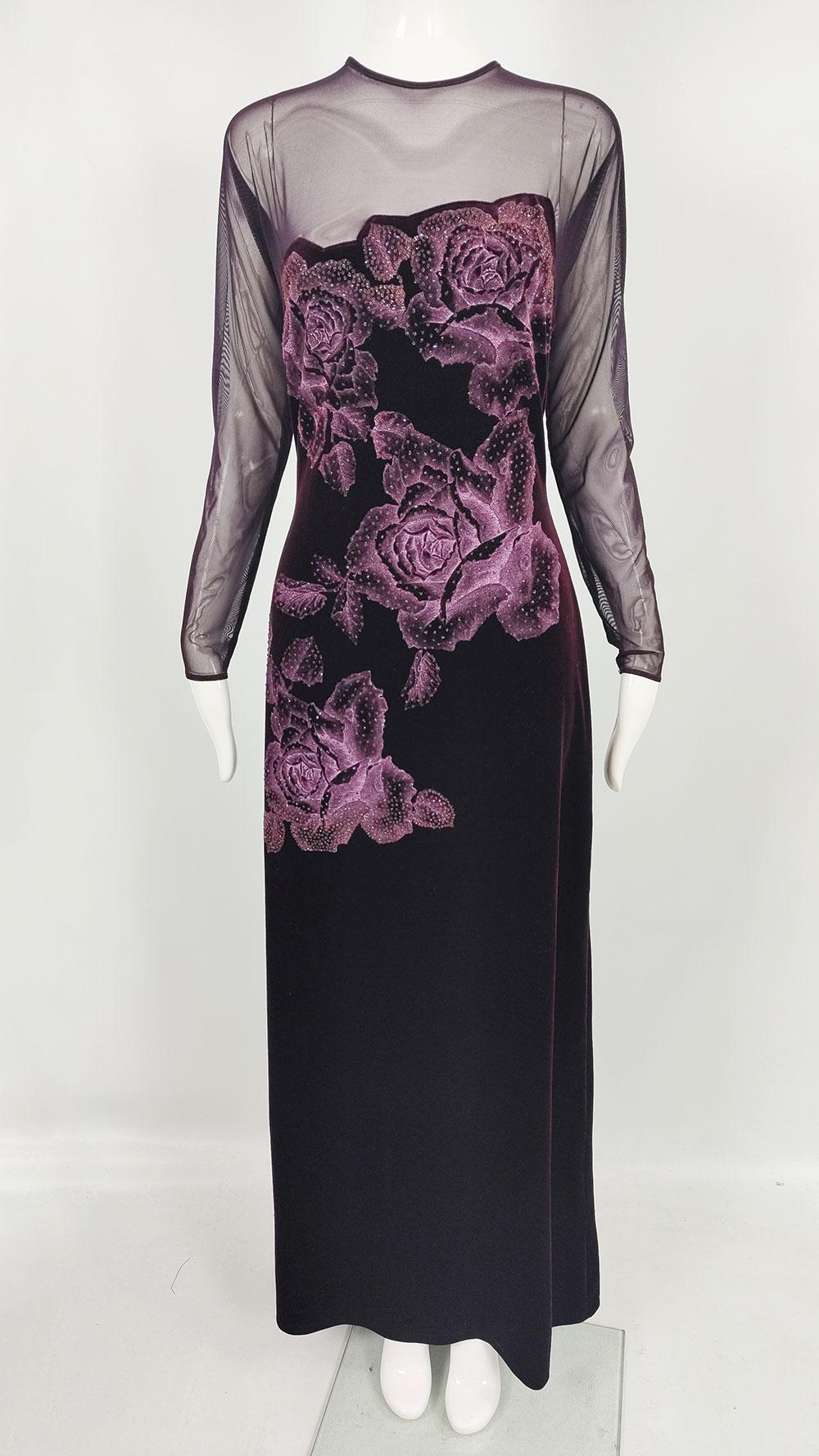 Tadashi Shoji Vintage Aubergine Mesh & Velvet Sexy Sheer Evening Gown Dress For Sale 1