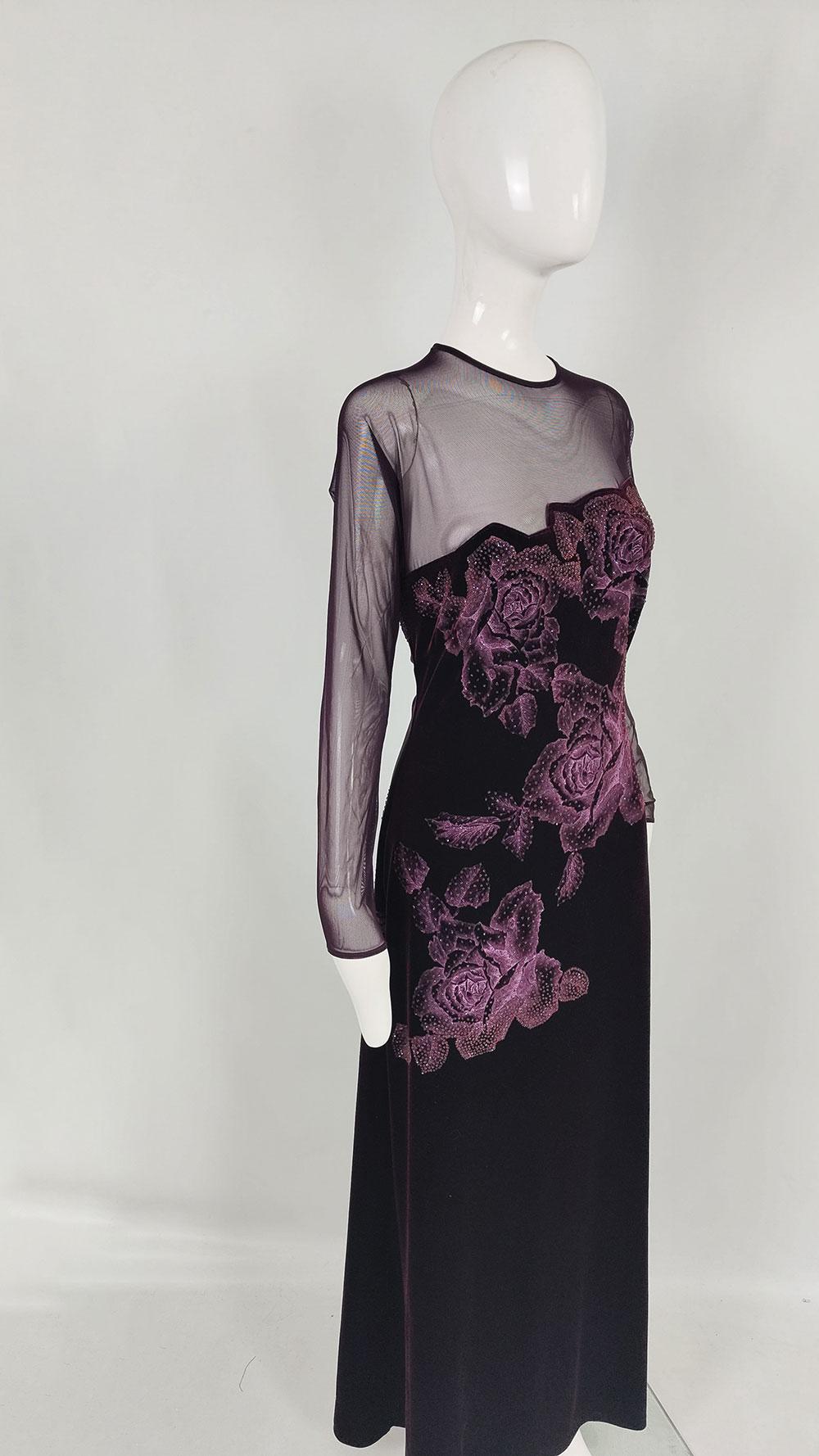 Tadashi Shoji Vintage Aubergine Mesh & Velvet Sexy Sheer Evening Gown Dress For Sale 2